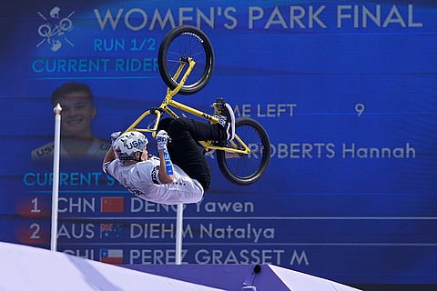 Hannah Roberts  performs during BMX freestyle women's park final